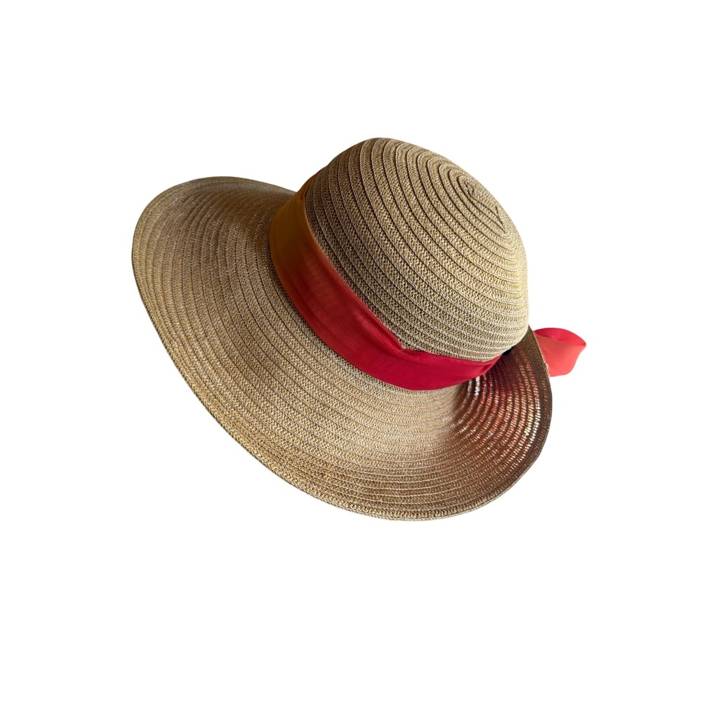 Sun N Sand Sun Hat Tan Red Wide Brim Straw UPF 50+ Ombre Scarf Bow Coastal